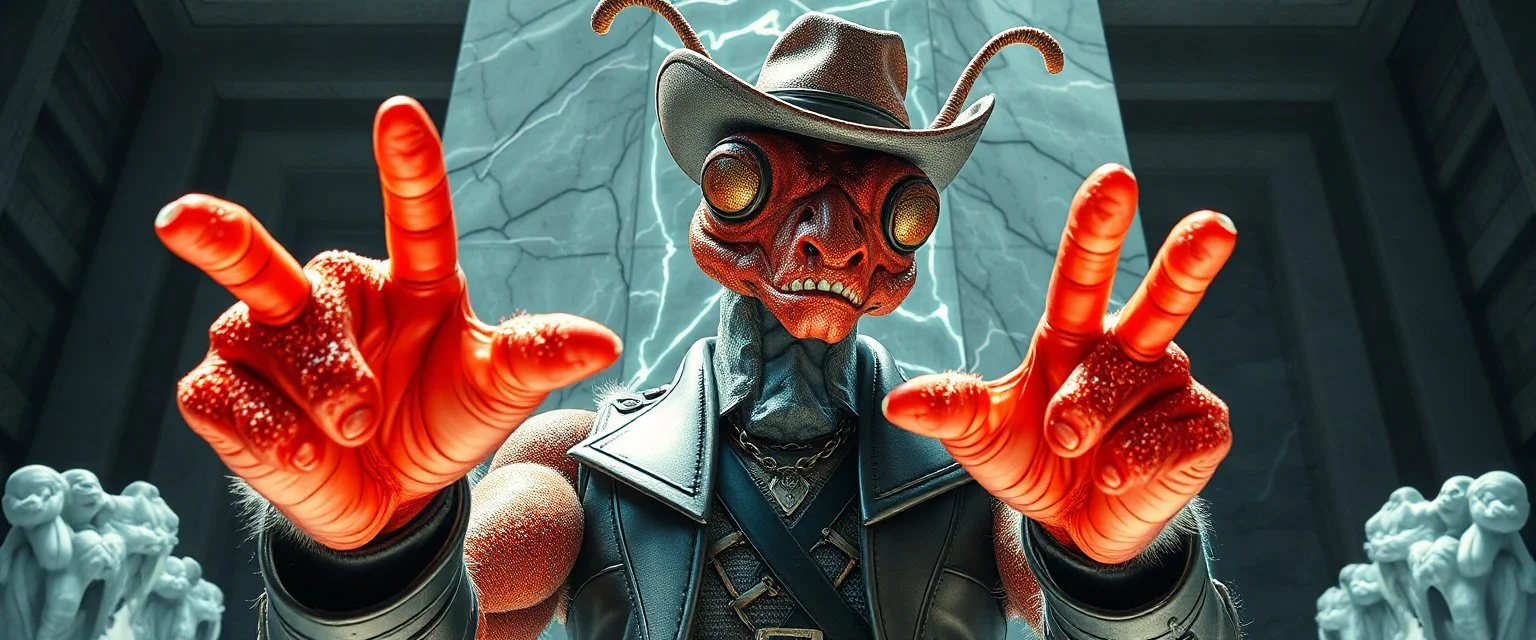 coy insect cyberpunk cowboy pointing fingers brilliant detailed full figure portrait disco glittery fluffy muscle man dino anime in the style of Escher and Giger in front of dented marble tower of transparent glass statues