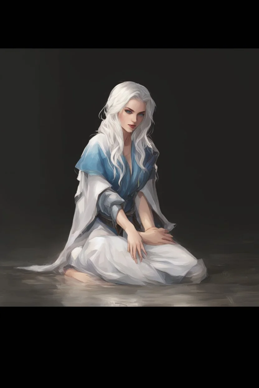 Dnd character on her knees. A female Aaismar twilight cleric with white hair and blue eyes, wearing gray robes. Etreal, beautiful, sexy