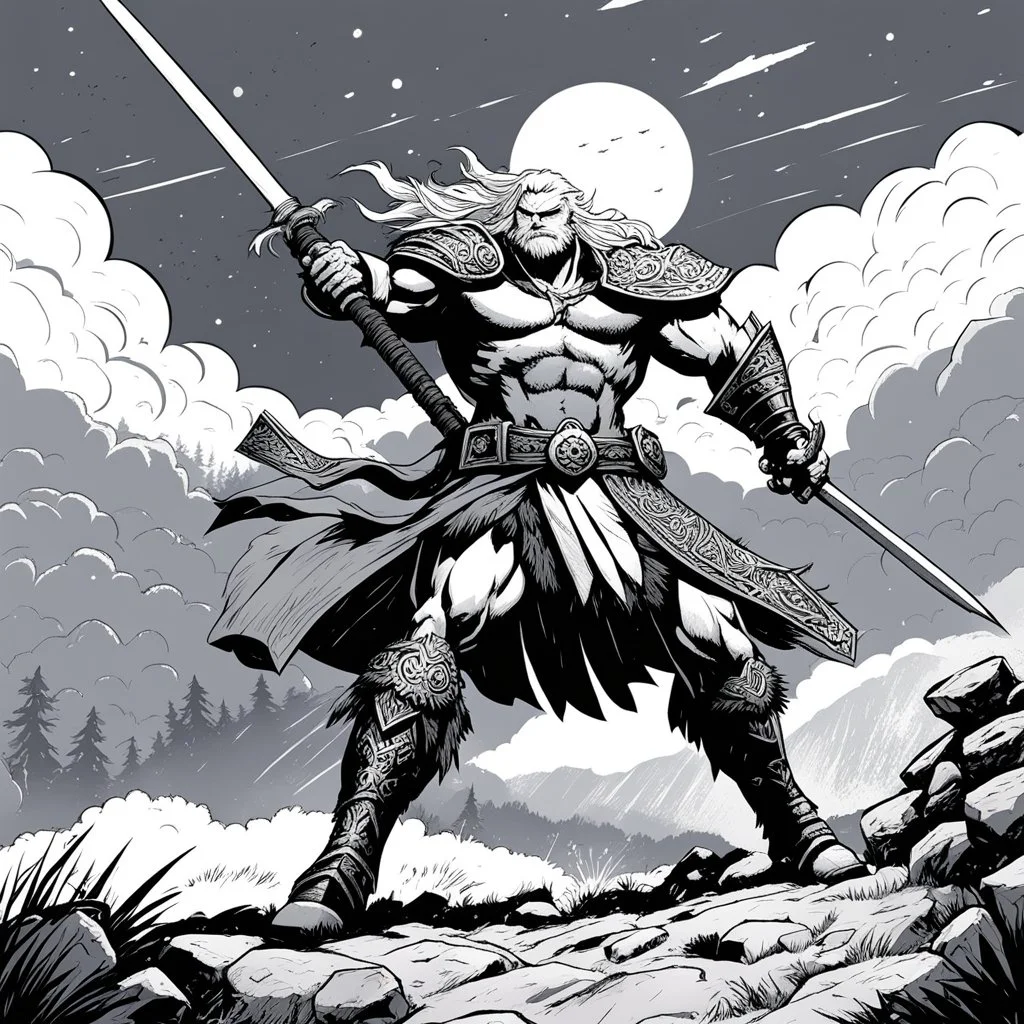 Head Lopper style by Andrew MacLean: duel on the hill, under the storm, with massive weapons