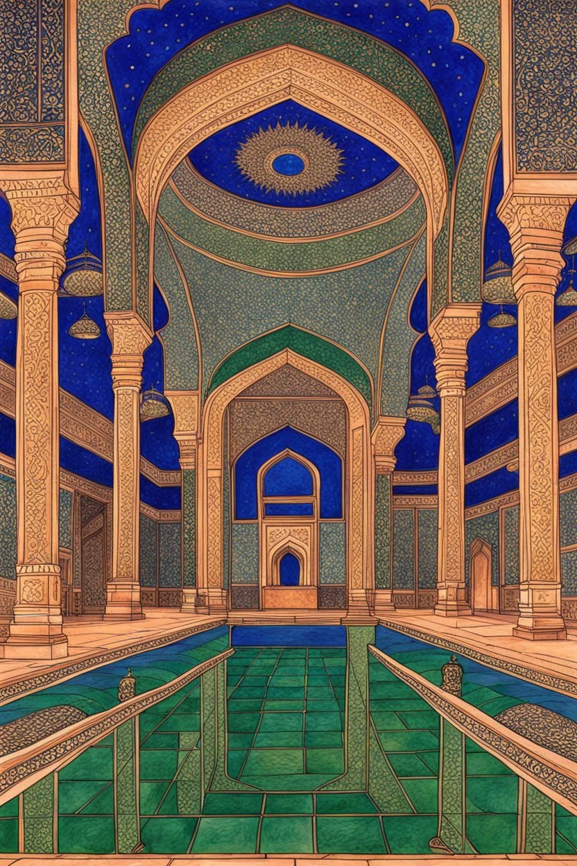 inside a Moghul mosque by artist "Luminous Lapislazuli",by artist "Noctilucent Nacre"