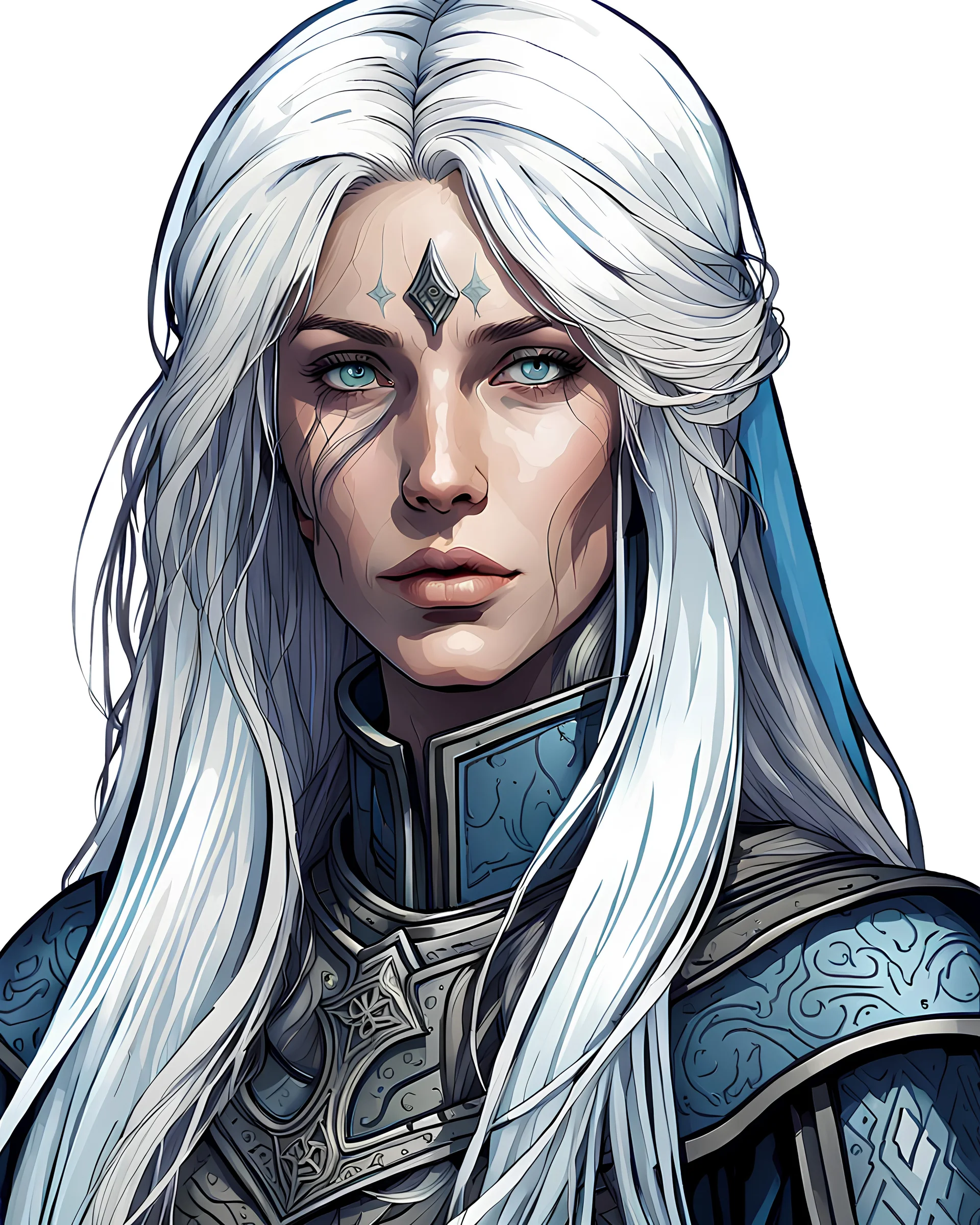 beautiful nordic stoic woman dressed as an inquisitor. she has white long hair and light blue eyes. her right eye is blind and the right side of her face have a scar near her eye partially covered by her hair.