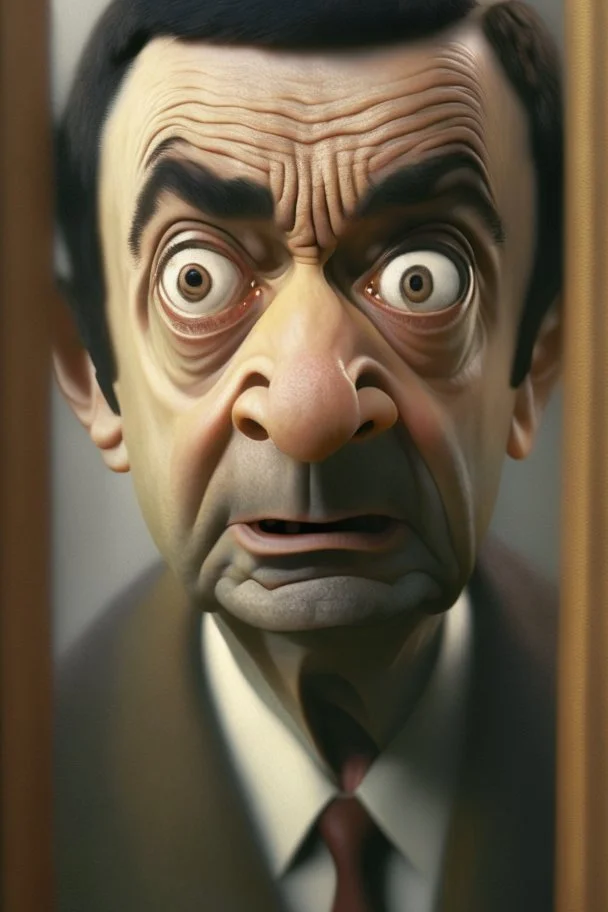 photorealistic, mr bean as jack in "shining", trending art, 8k, depth of field, volumetric fog