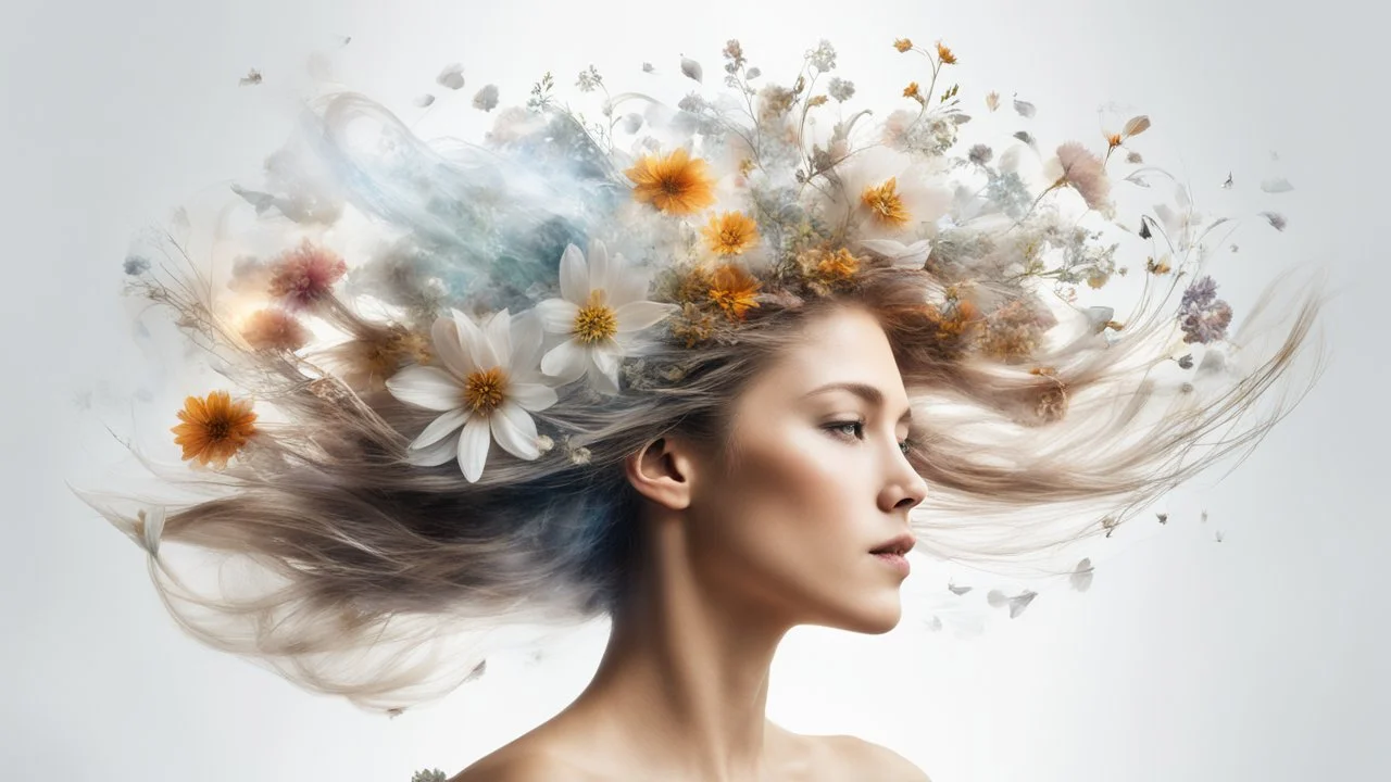 white background, Magic secret on the top of a woman’s head, in her hair, double exposure, high resolution, fine rendering, high detail, 3D, flowers, city on her head, fantasy, wind blowing hair,