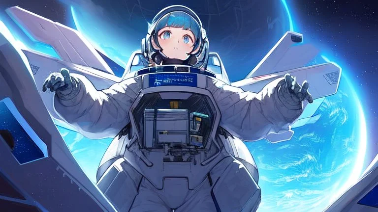 Female Astronaut looking out into space from a small window on her spaceship, in the style of Perfect Blue, Somber, beautiful planets, stars, inside of the spaceship, viewing from behind