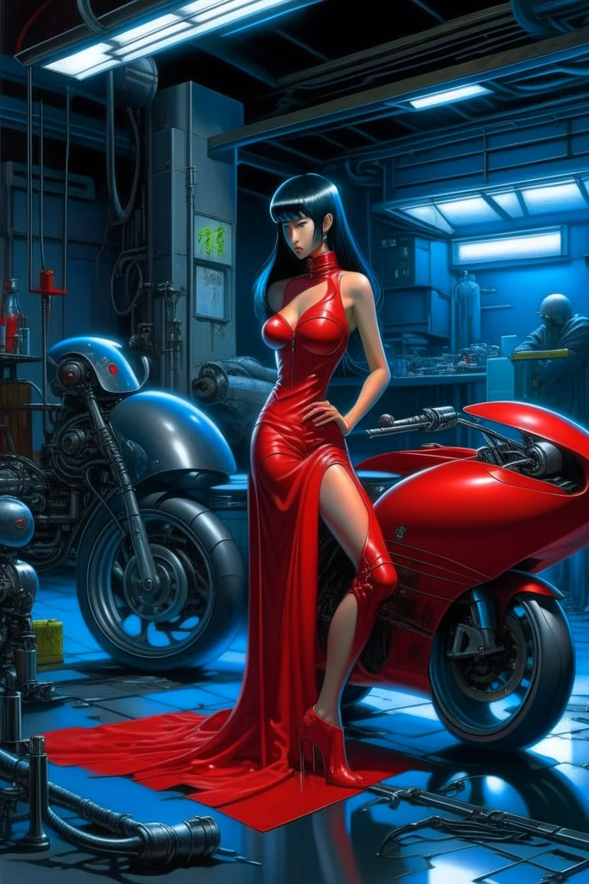 A digital painting by Kuniyoshi and Hajime Sorayama of a beautiful gynoid in a red dress standing in a cyberpunk motorcycle garage.