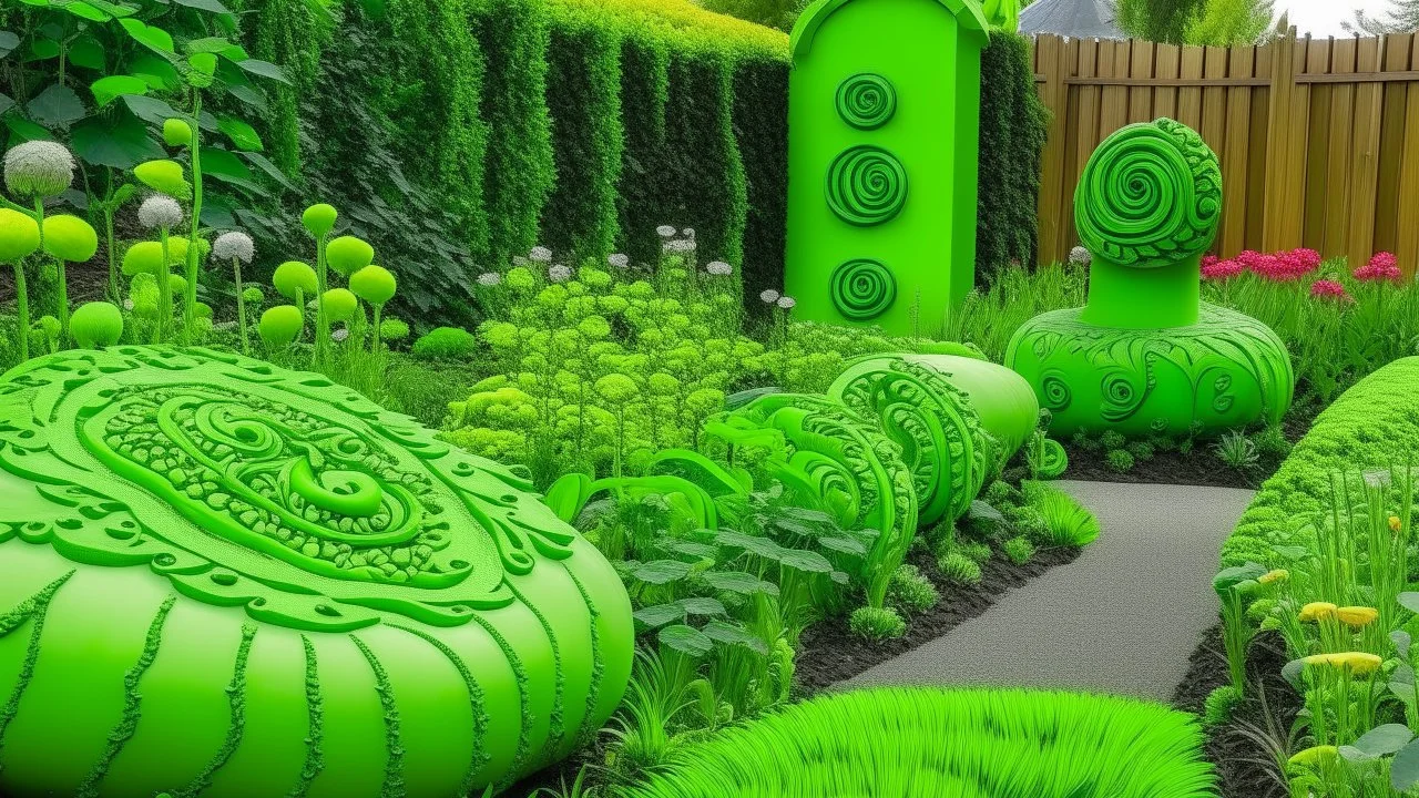 A lime green garden with flowers and a caterpillar designed in Maori sculptures