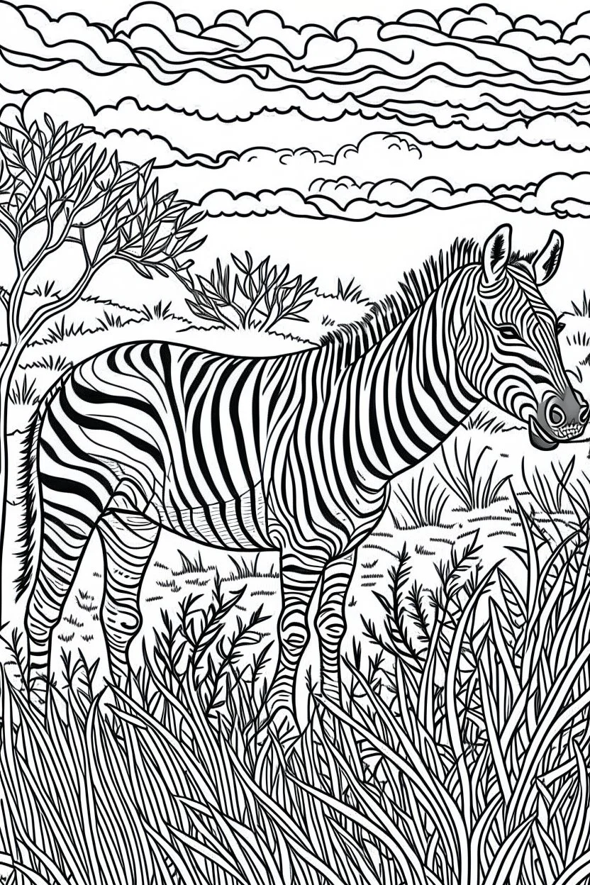 DRAW TO COLORING OF A ZEBRA IN THE SAVANNAH, CARTOON STYLE, LOW DETAILS, THICK LINES, NO SHADING