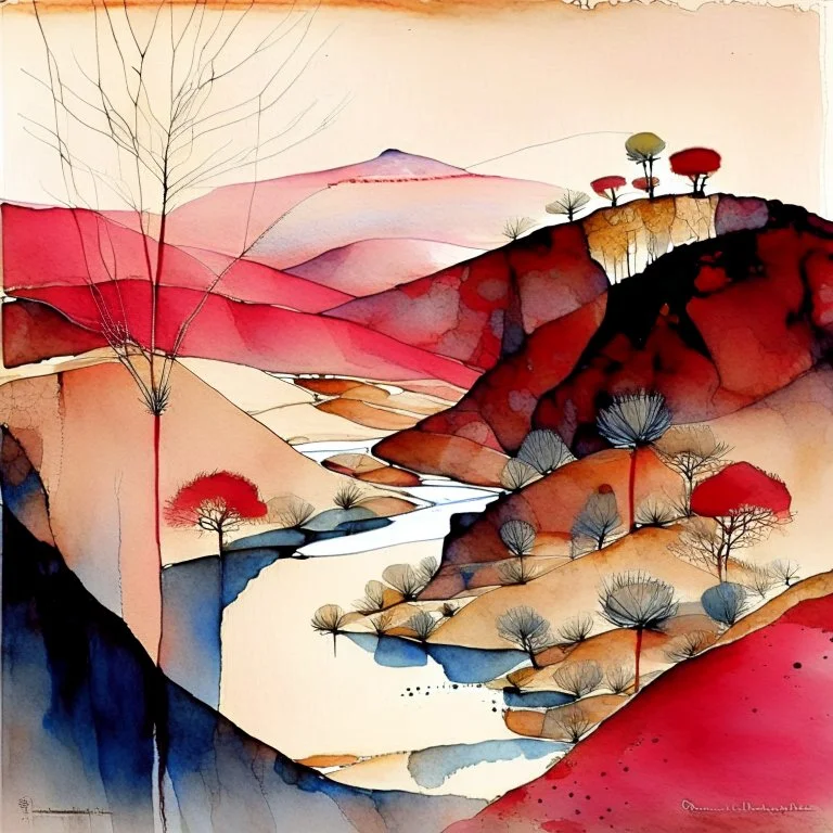 Prompt Share: a desert canyon in shades of red with boulders and a stream, blue skies, mountains in the background, minimalism watercolor, gorgeous stunning art by Margaret MacDonald Mackintosh, Gabriel Pacheco, George Birrell