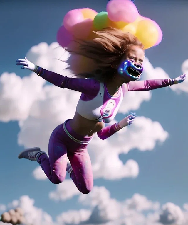 Ultra realistic clouds sky scene, wide angle, sweet childs falling down, inflatable color clothing, free jumping flying, many trinkets, monster hair, hair monster, many jelly beans, balls, smile, happy, circus style, extreme, wind, clouds sea, 20,000 feet altitude, stratosphere, soft color, highly detailed, unreal engine 5, ray tracing, RTX, lumen lighting, ultra detail, volumetric lighting, 3d, finely drawn, high definition, high resolution.