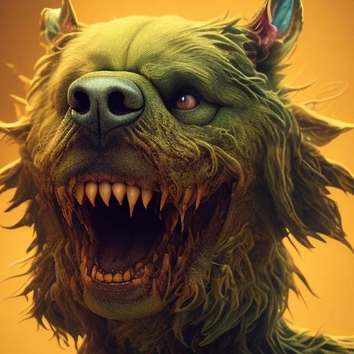 Dog, monster, green, horror, teeth, gore, blood, masterpiece, expert, 8K, hyperrealism, sharp focus, cinematic lighting