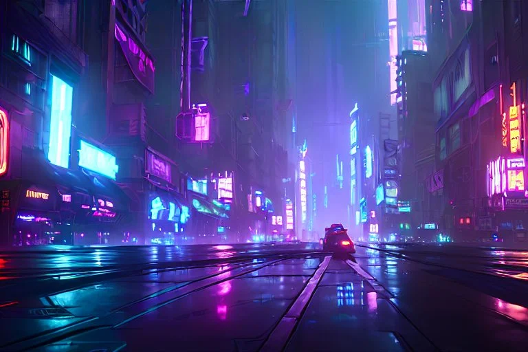 Cyberpunk district with giant foggy skyscarpers, cars, FoV: 100, HD, Unreal Engine 4, Blade Runner 2049, heavy rain, rainy streets reflection, neon signs, low contrast, grainy, less color, titanfall,