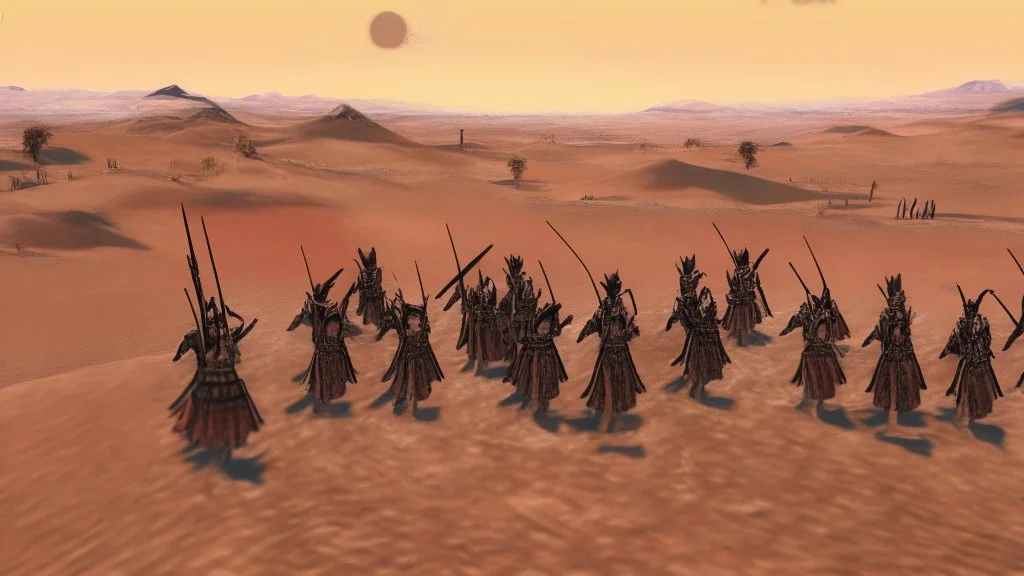 desert, highly detailed, comic style warriors from behind, far away city