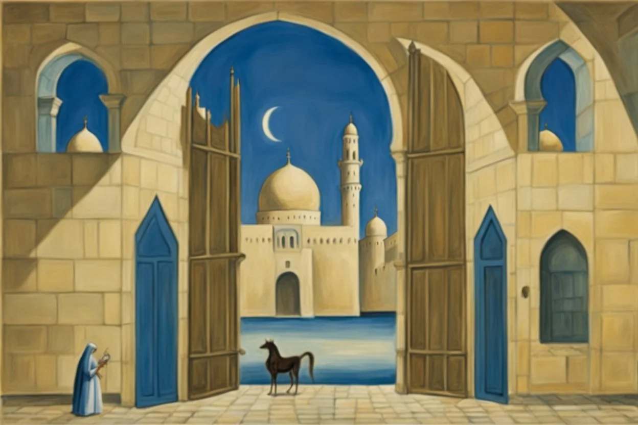 an open gothic_arab gate in a blue-tiled wall with a view of an old city by artist "de Chirico",by artist "Leonora Carrington"