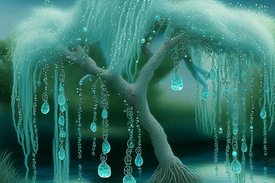 aquamarine gems, clouds, willow tree