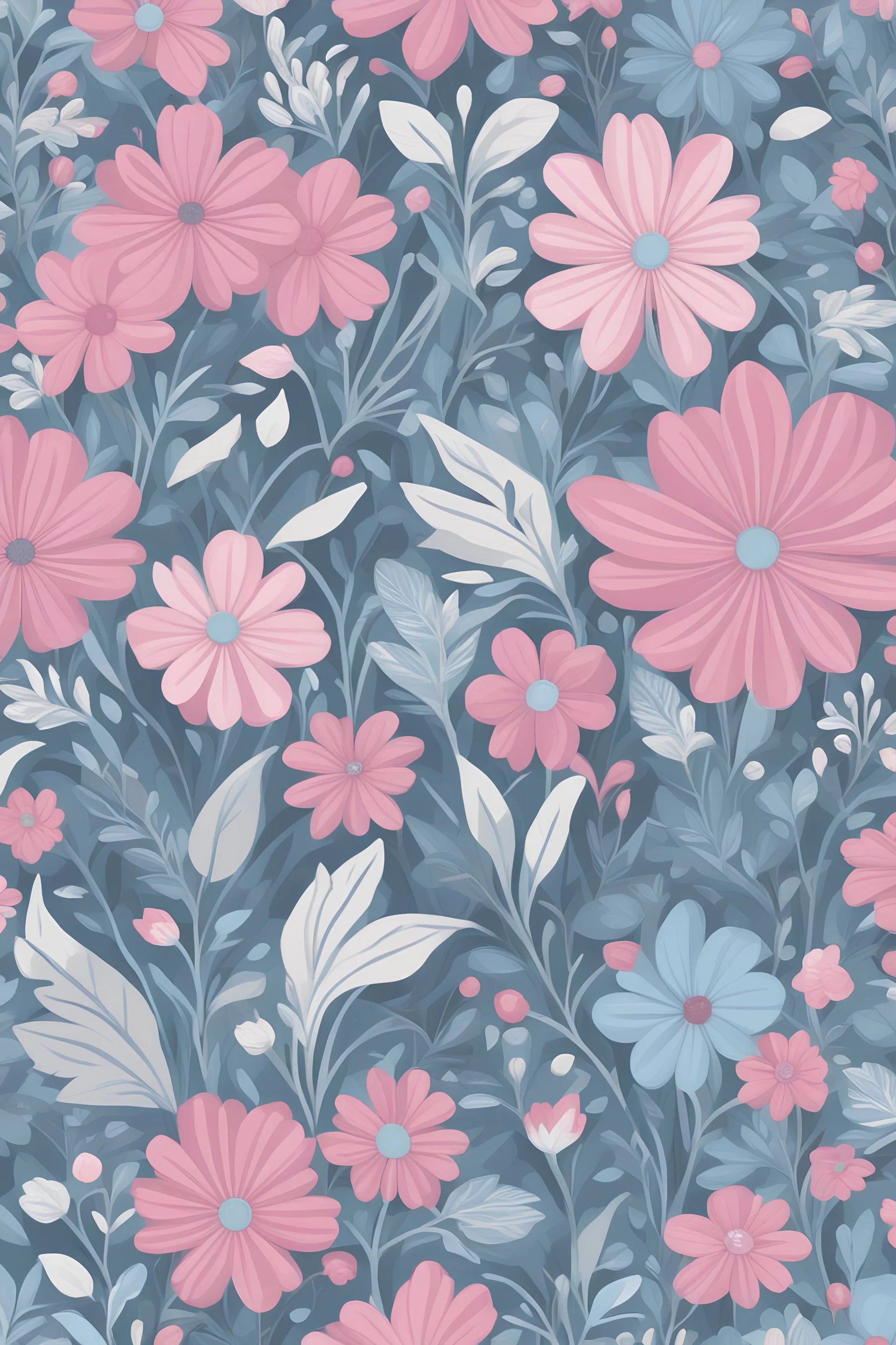 flowers and leaves in a field design pattern featuring pink, light blue and silver