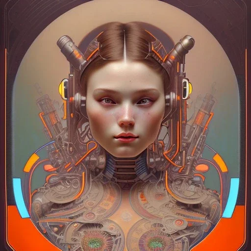 A beautiful portrait of a cute cyberpunk woman happy, alphonse mucha style, grain on the skin, tribal tatoos, orange color scheme, high key lighting, volumetric light high details, by Jarosław Jaśnikowski mixed with Sheila Martin mixed with Fletch mixed with Frank Sun mixed with Anna Dittmann mixed with Alena Aenami. octane render, redshift render,ambient lighting