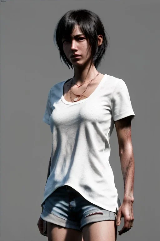 Ultra Realistic image, 25 years old brunette woman, Madrid, portrait, small stature, small chest, yakuza body tattoo, white broken cotton short undershirt, black latex short, akira anime style, vibrant color, highly detailed, art stations, concept art, smooth, unreal engine 5, god rays, ray tracing, RTX, lumen lighting, ultra detail, volumetric lighting.