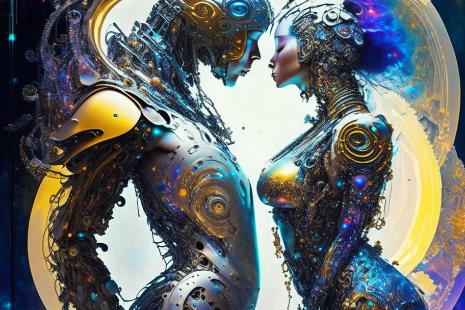 Artificial Intelligence AI Photo active composition of two full bodies, yin and yang, composition, interaction 2 humans and artificial intelligence, coding, cipher, high-tech, technology, code & machine, robot and human, leadership, code, sci-fi background, Breathtaking Fantasy core Artwork By Android Jones, Jean Baptiste Monge, Alberto Seveso, Erin Hanson, Jeremy Mann. Intricate Photography, A Masterpiece, 8k Resolution Artstation, Unreal Engine 5, Cgsociety, Octane Photograph