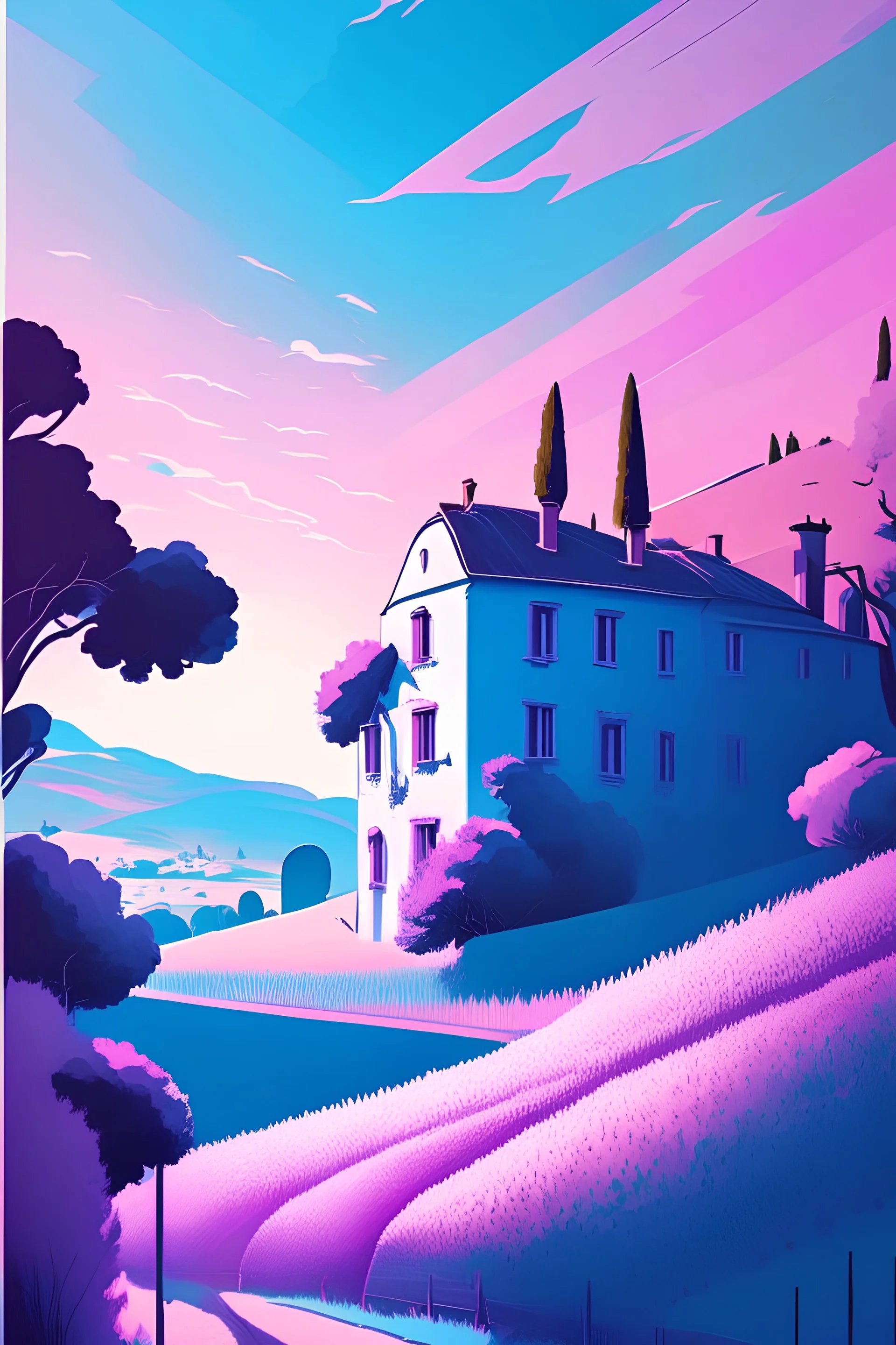 Art illustration, travel poster featuring, French countryside, Pastel blues, pinks and purples, Wide Angle, professional lighting, cinematic lighting, long shadows, saturated contrast, hyperdetailed, 32k, vektor