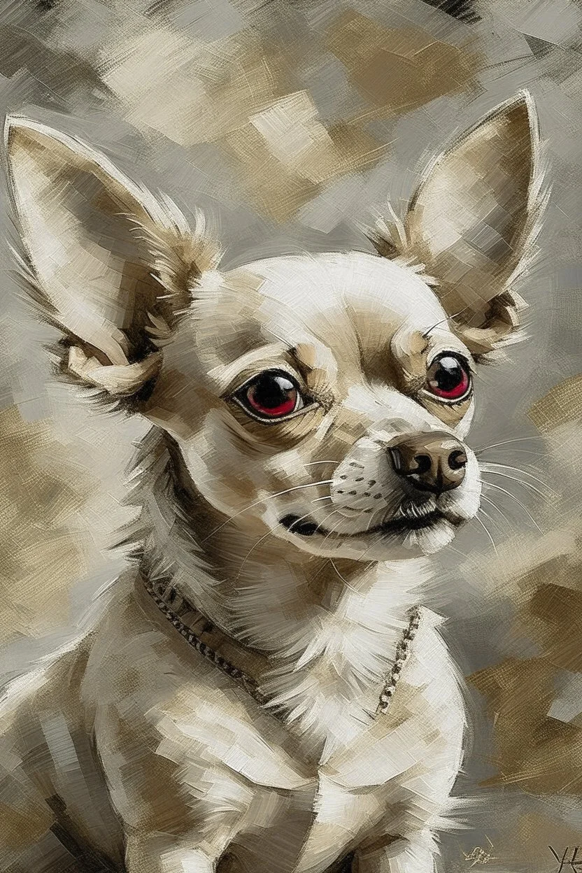 This image is a striking painting of a chihuahua The dog is facing forward with a slightly tilted head, giving it a curious and endearing expression. Its fur is rendered with expressive, textured impasto brushstrokes in earthy tones—creamy whites, browns, and hints of gray—that create a sense of depth and movement. The background is a soft, muted gray, which contrasts beautifully with the warm tones of the dog and helps it stand out as the focal point. The overall style blends realism with impre