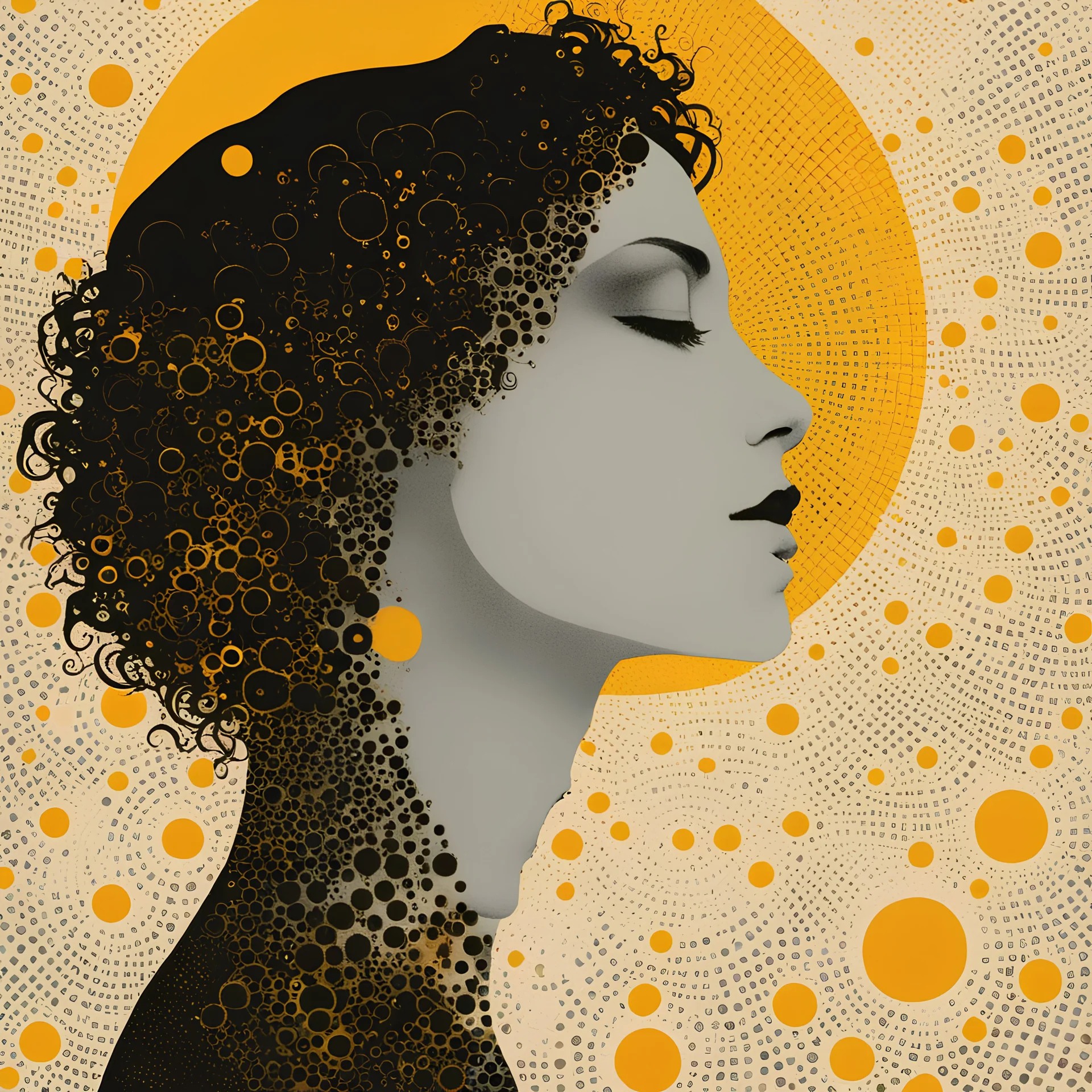 Sun profile + Halftone pattern + editorial illustration of the memento morti +by Gustav Klimt higly textured, genre defining mixed media collage painting + fringe absurdism + Award winning halftone pattern illustration + simple flowing shapes + subtle shadows + paper texture + minimalist color scheme + inspired by Zdzisław Beksiński.