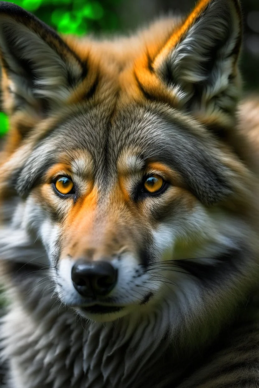 A huge wolf with green eyes and orrange fur