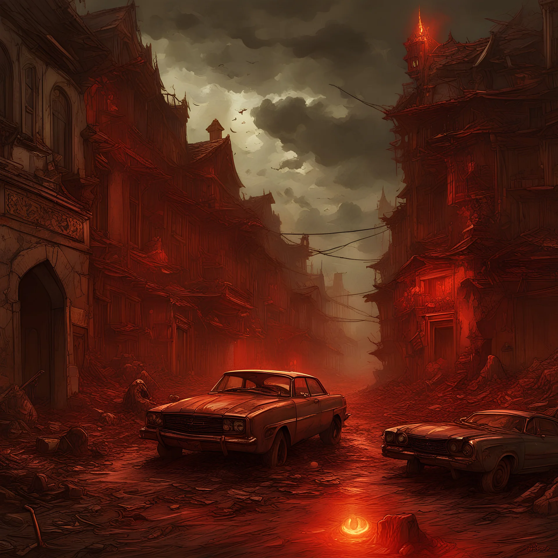 an elaborate painting of a 3dhd Apocalyptic Landmarks envaded medieval old town from outer space aliens with angled destroyed homes and roads, rustle old cars , stormy red blood night thunder lightning horror scary death everywhere concept art by Anato Finnstark, Alphonse Mucha, and Greg Rutkowski""Hyperrealistic, splash art, concept art, mid shot, intricately detailed, color depth, dramatic, 2/3 face angle, side light, colorful background"