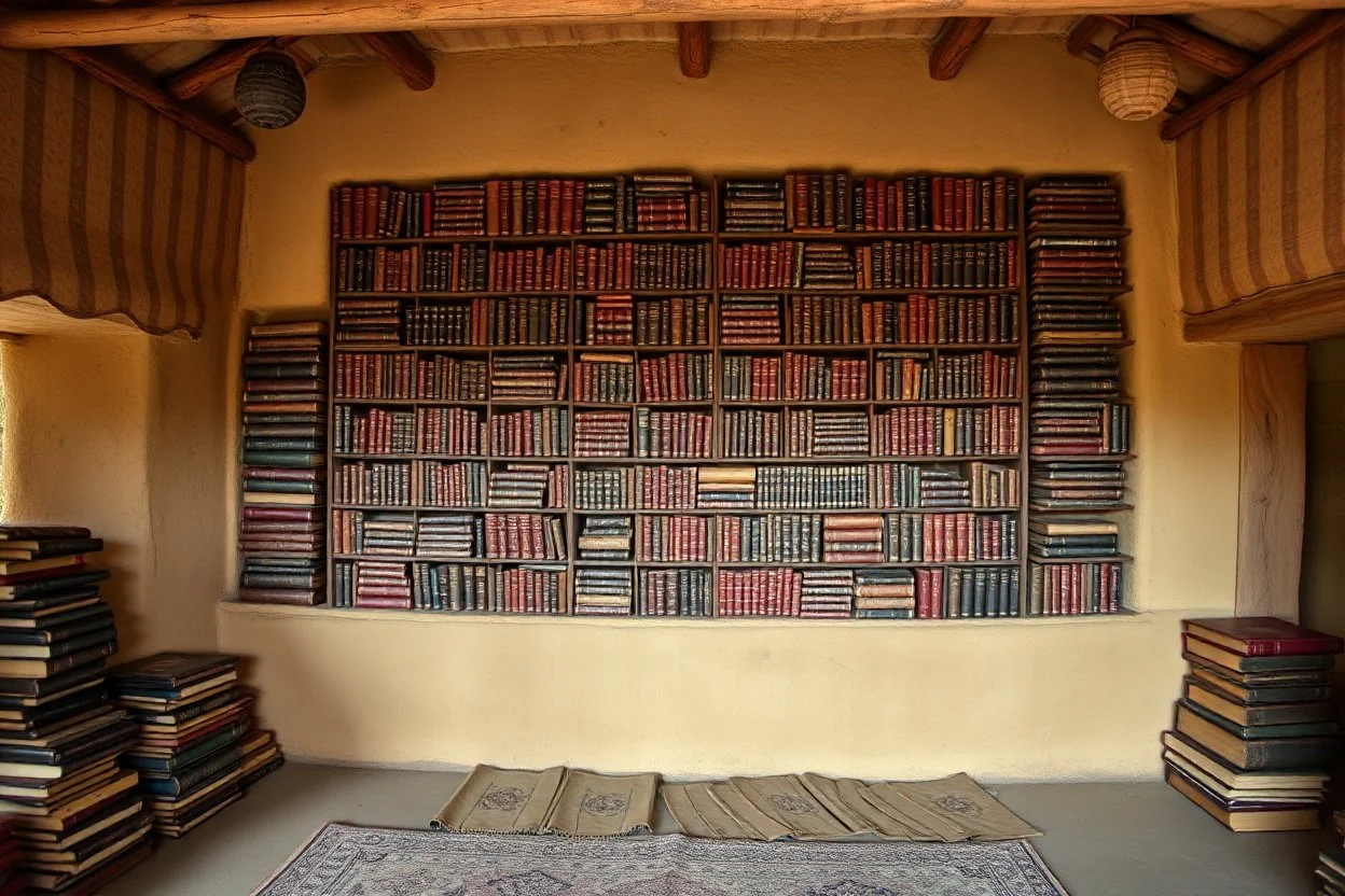 elaborate library on a wall in a in a mud hut full of leather-bound books occupying the entire wall, striking, juxtapositional, fantastical