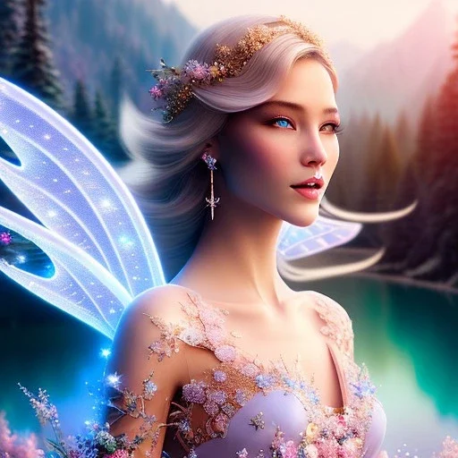 enlighten, light pink colors pastel, the whole body of a beautifull young woman with happy smiling blond bright fairy with wings, blue eyes , crystals, blue gold dress, blue sky, flowers all colors, trees , , water river . mountains 8 K, fantasy