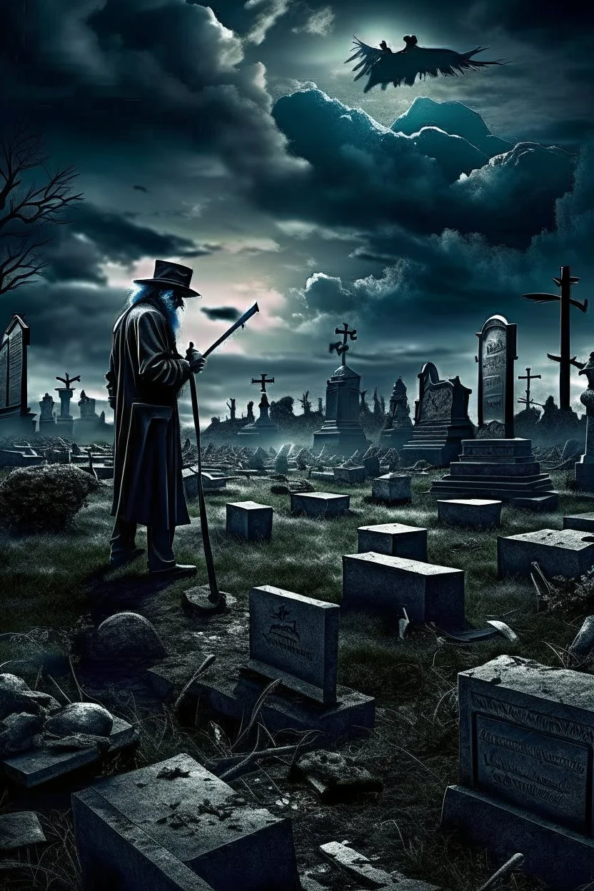 An image of a desolate graveyard under a brooding sky, a lone grave digger with a shovel, surrounded by abstract, futuristic elements. The open grave is filled with crisp, high-resolution stacks of money, conveying a sense of isolation and melancholy.