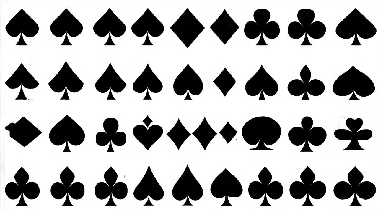 playing card symbols, 4 rows of symbols including diamond, spade, hearts and clubs, inky weathered and degraded looking vector style