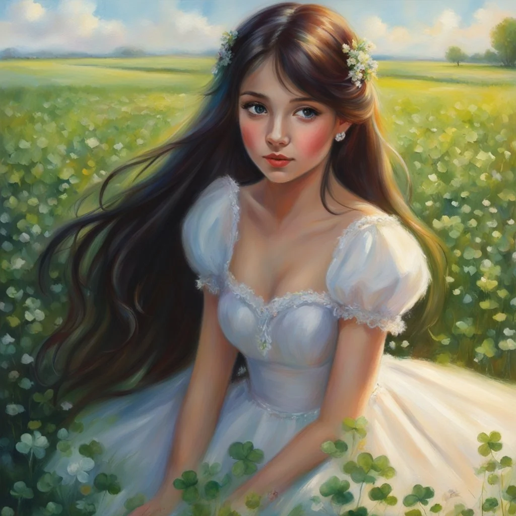 A beautiful girl in a white dress sits surrounded by a field of clover. Masterpiece, best quality, oil pastel style, oil pastel painting, inspired by Thomas Kinkade, beautiful details, painted by Willem Haenraets, high quality, 4k