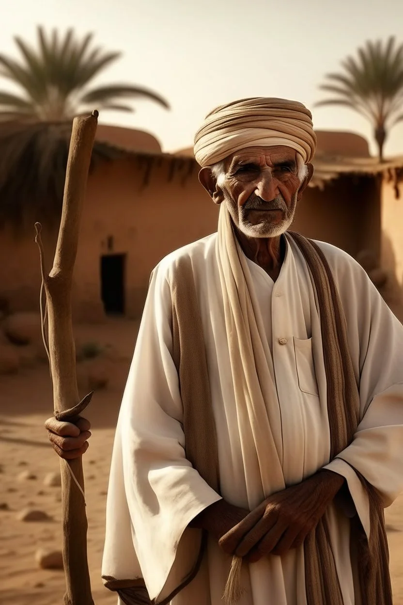 Old man, Arab, turban, white clothes, cattle, desert, council, sun, palm trees, mud houses, holding a stick, looking forward, a very slight smile.