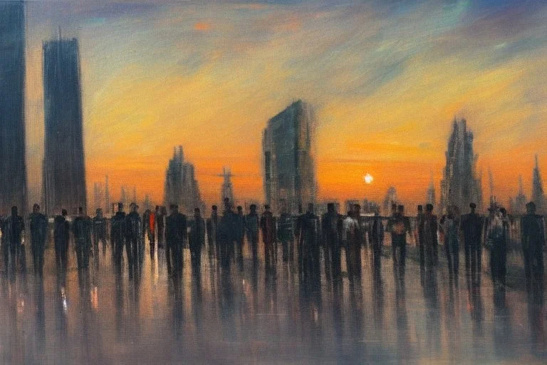 Futuristic city, people, sunset, philip wilson steer influence, realistic painting