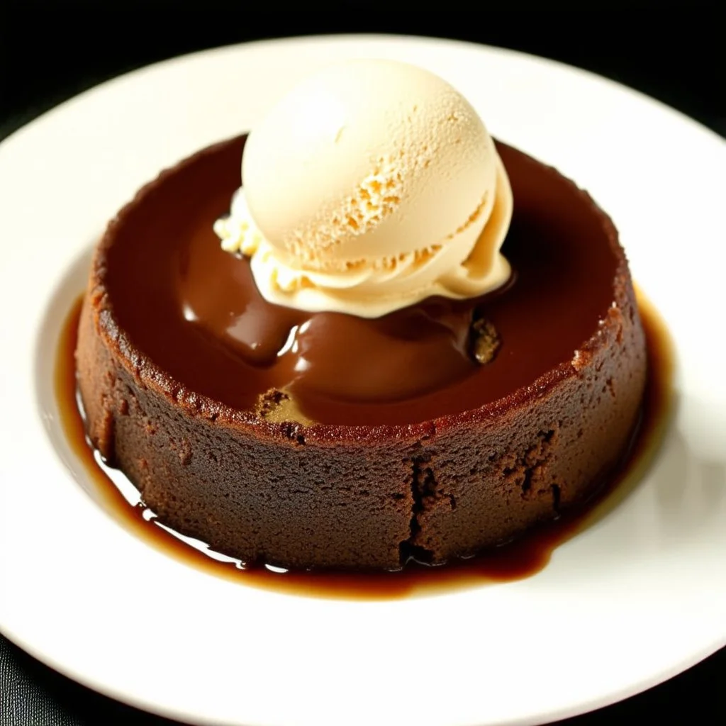 A decadent Molten Lava Cake, oozing with hot molten chocolate from its cracked center, elegantly presented on a plate with a dollop of creamy ice cream perched on top. This sumptuous dessert is depicted in a photograph, capturing the richness of its textures and colors. The luscious chocolate appears almost liquid, while the cake's exterior glistens with a hint of golden crust. The ice cream melts slightly, creating a tantalizing contrast of temperatures. The image exudes a sense of indulgence a