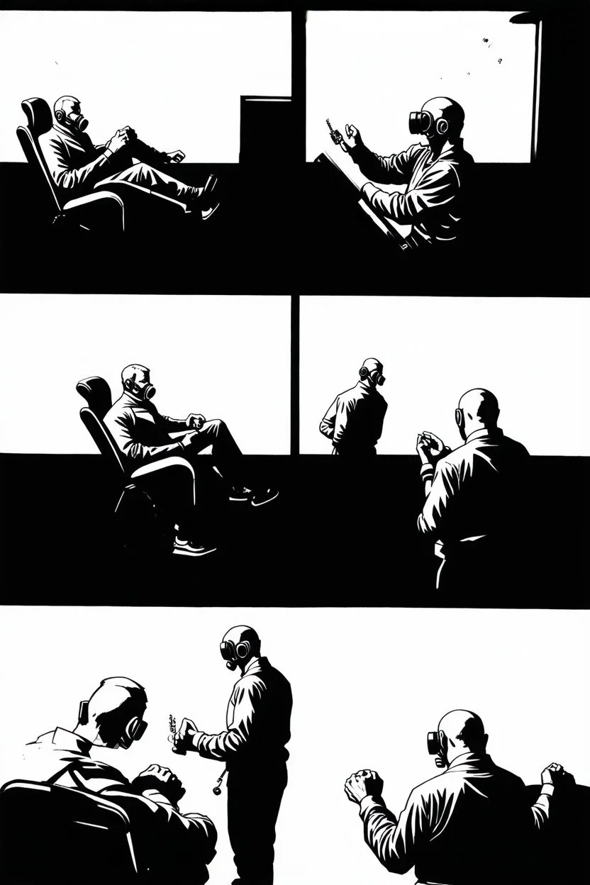 a page divided into 6 rectangular panels, each with different views of a man strapped to a chair and being interrogated by a man standing with a gas mask on, lower and higher perspectives, front and back, overhead light, suspenseful torture graphic novel, comic book