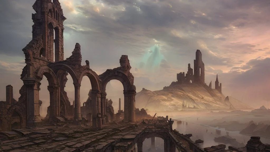 Destroyed City, medieval ruins, debris, stone, breched, brocken, Perspektiv from the sky, by Jean-Baptiste Monge, Ivan Bilibin, Albert Bierstadt, Reza Badrossama, watercolor ink, pencil sketch, splash art, intricate details, fantasy, beautiful, oil on canvas, award winning, imperial colours, fantastic view, radient colours, very attractive, crisp quality