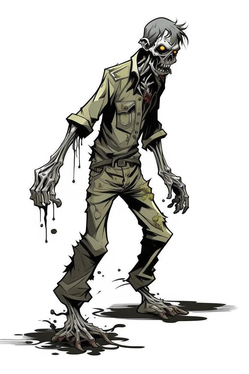zombie, drooling black liquid, full body, attacking, profile ,comic book, post-apocalypse, gray background,