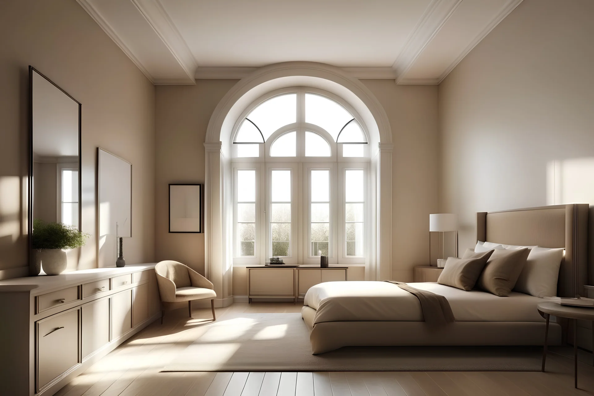 arched ceiling beige bedroom in the modern townhouse with two windows