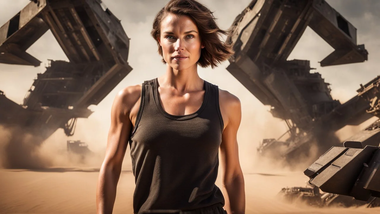 beautiful slender caucasian female technician, black tank top, well toned muscles, weathered face, scratched sand camo metal details, short brunette wavy bob haircut, dystopian, desert scene, jumping from a futuristic tank, explosions in background