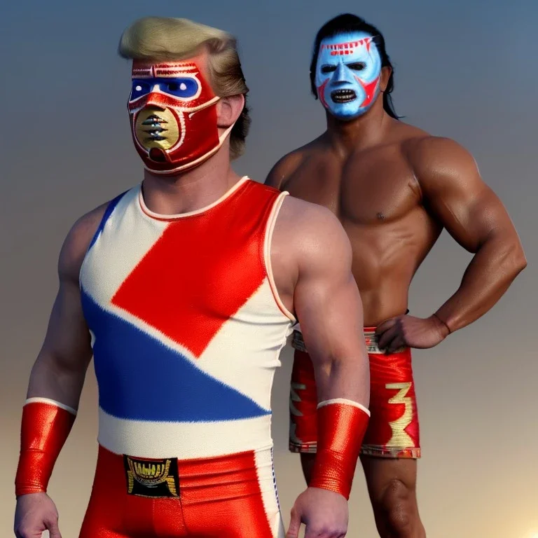 Realistic image of Donald trump wrestler, Mexican wrestling style, Mexican eyes wrestling mask, red and blue breeches, glow us flag dress, suspenders, retro style, 80s, vibrant color, highly detailed, sky background, concept art, unreal engine 5, god rays, ray tracing, RTX, lumen lighting, ultra detail, volumetric lighting, 3d, finely drawn, high definition, high resolution.