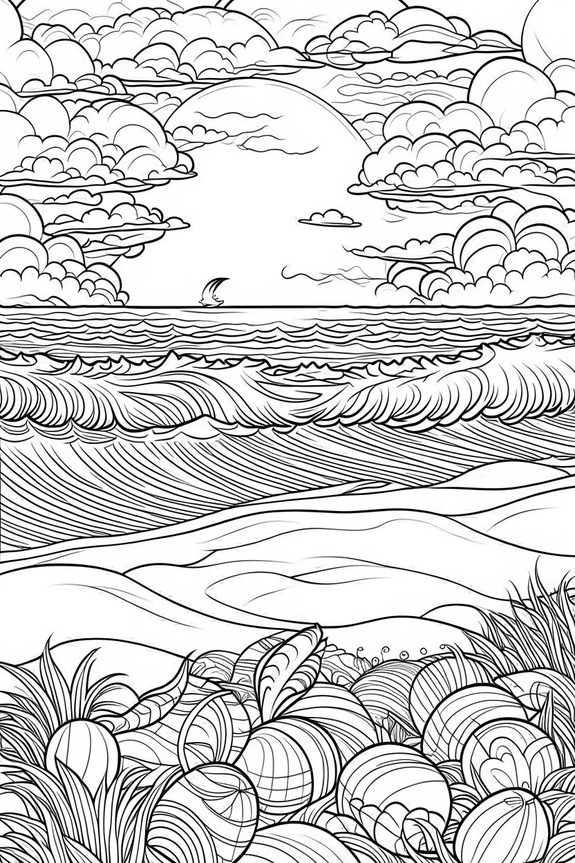 A cute tranquil beach sunset with seashells and calming waves, Coloring page for kids, cartoon style, thick outline, low details, no shading, no color