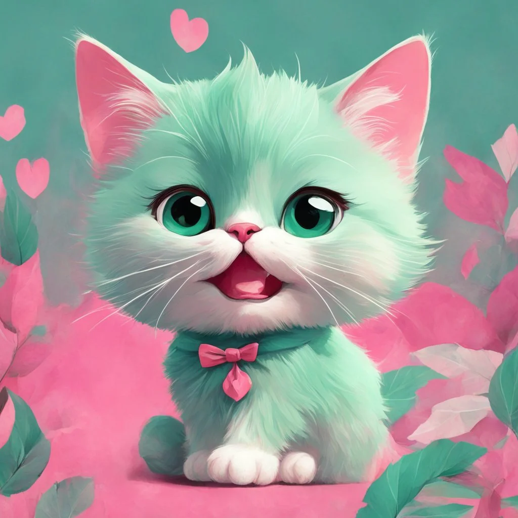 A captivating and playful digital art piece showcasing the adorable charm of a mint-colored cartoon cat, surrounded by a lively pink background, (captivating digital art:1.4), (playful cartoon cat:1.5), (lively pink background:1.3), (expressive mint hues:1.2), drawing inspiration from the styles of cute and playful illustrators, trending on CGSociety, Intricate, Sharp focus, dynamic lighting, (captivating:1.4), (playful ambiance:1.5), (lush fur details:1.3), Cartoon, Masterful, High Detail