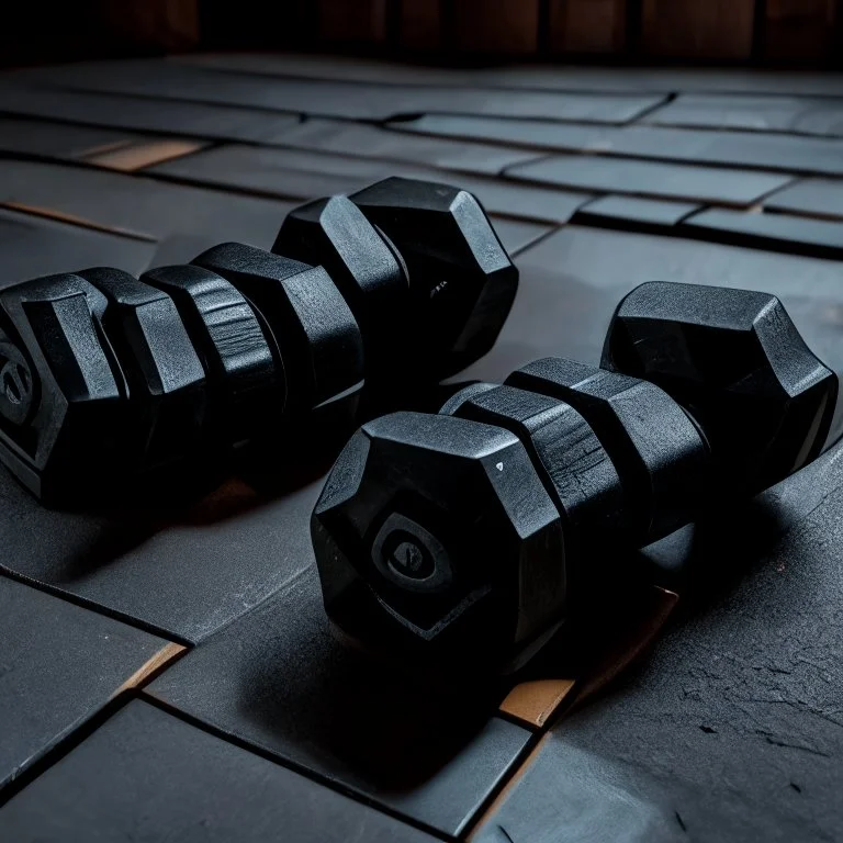 Hexagon dumbbells pair of two, each 12.5KG. Inside a gym on the black rubber tile floor. Bird perspective on the dumbbells laying on the floor.