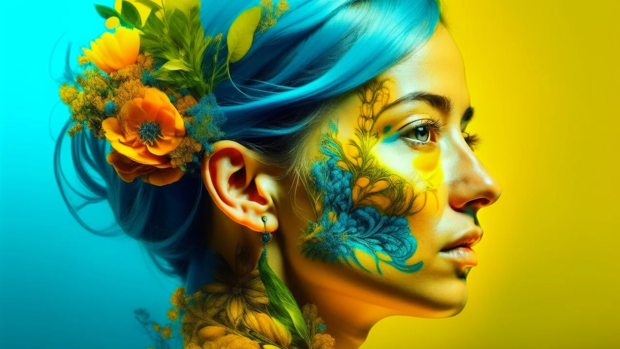 blue background, 18th century, double exposure, portrait Woman 43 years old, wind, flowers, tears, plants, yellow, blue, green, orange colors, bright, drops, detailed, fine drawing, high detail, high resolution, 8K, tattoo, city, double exposure,