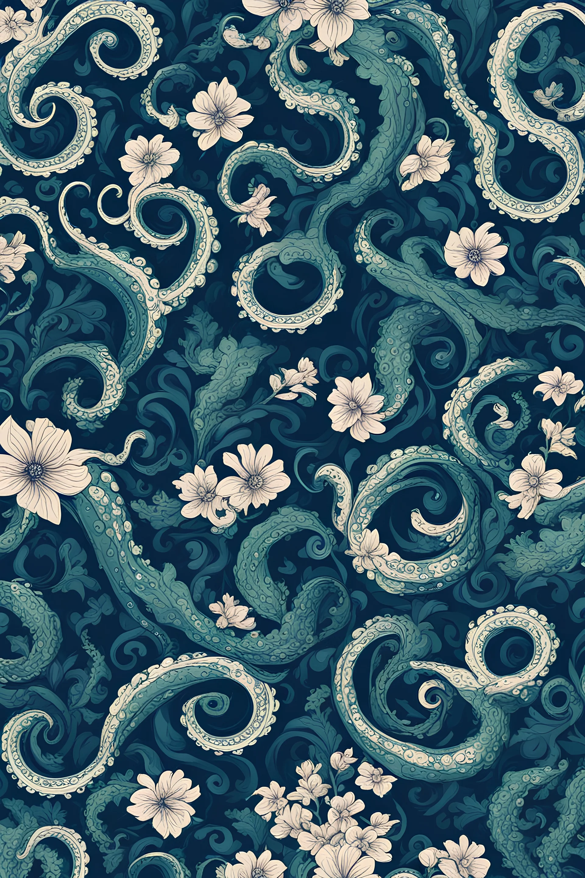 Background pattern. Tentacles and flowers. Dark blue and dark green.