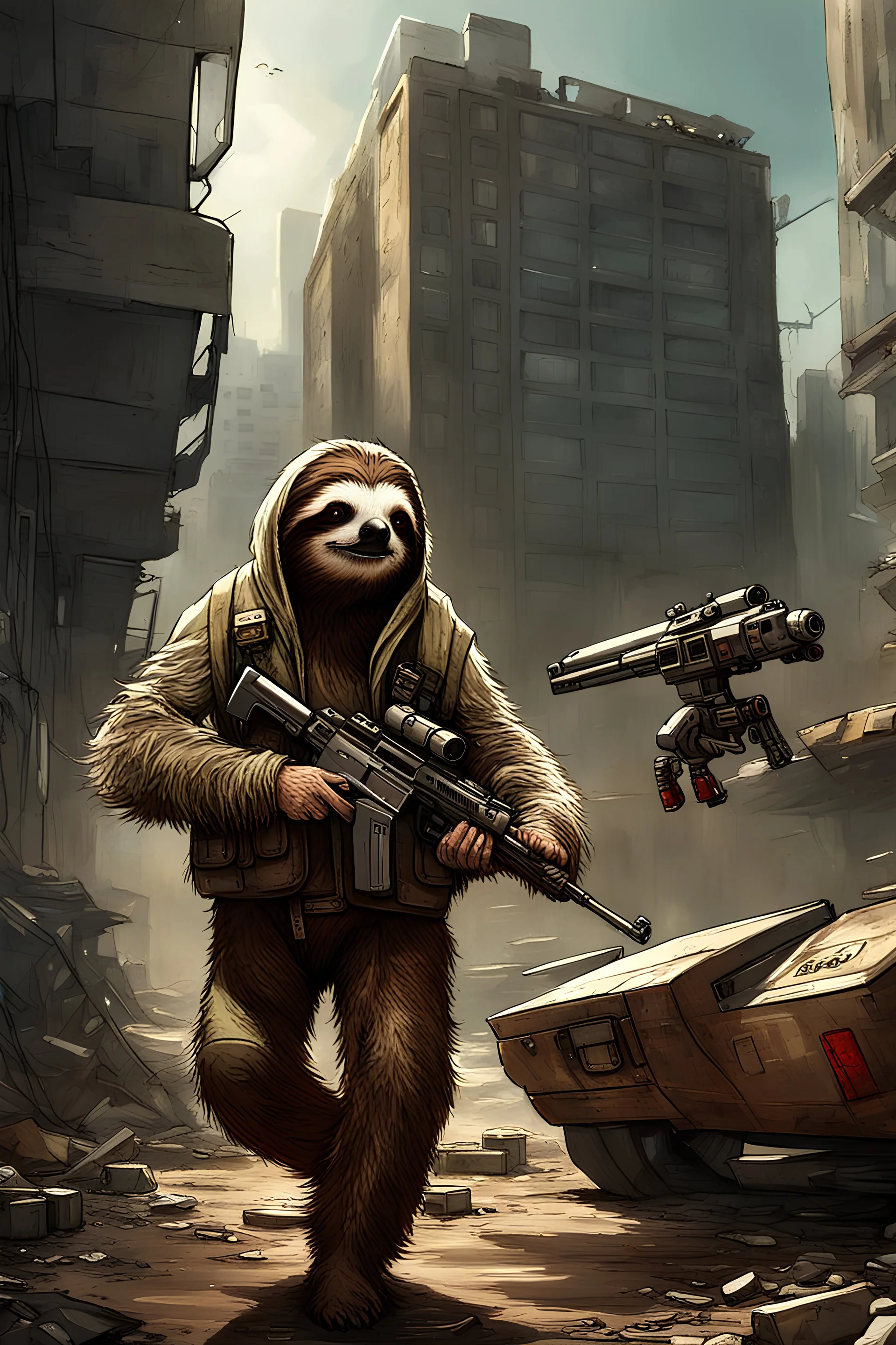 sloth in a scavenger clothes getting chased by robots, shooting a gun on the left side, hyper realistic art, post-apocalyptic city hospital background