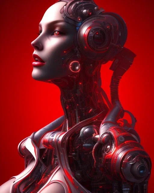 A beautiful portrait of a cyborg women red color scheme, high key lighting, volumetric light high details psychedelic background