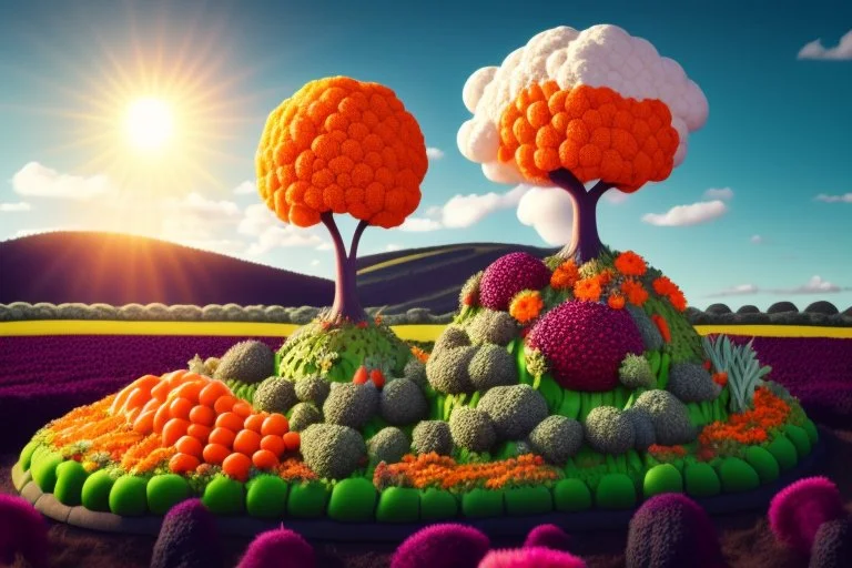 lifelike photography, vegetable and fruit landscape, broccoli forest, chive field, cauliflower sheep, orange sun, whipped milk clouds, raspberry flowers, cheese barn and haystack in sunshine, surrealistic