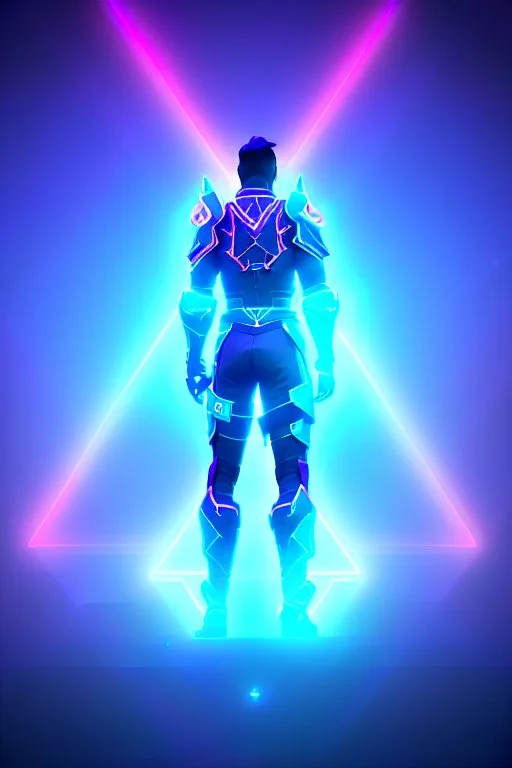 neon blue, floating triangle of light orbiting behind the back, cyber armor, geometric patterns on armor, male, orbiting triangle